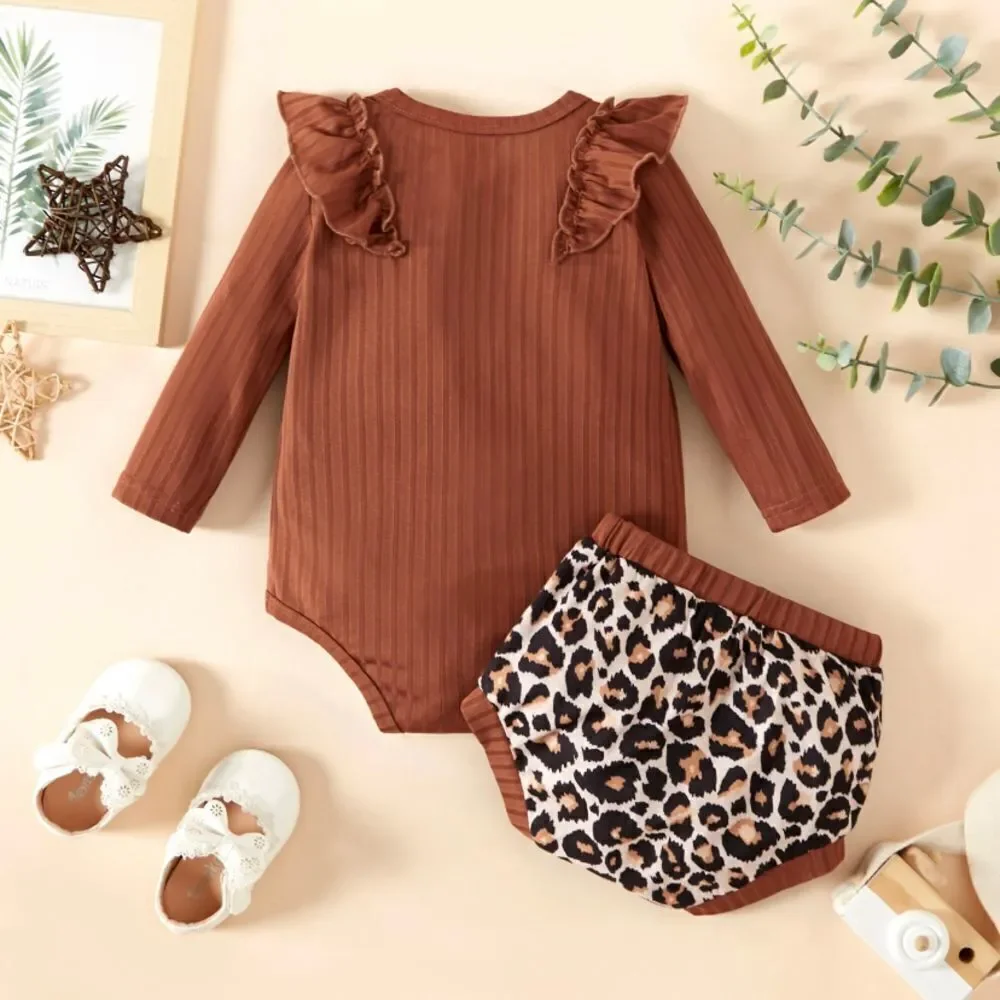 NWT Size 6-9 months, 2 piece baby girl romper set, brown leopard long sleeved